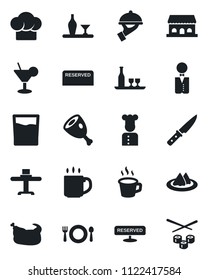 Set of vector isolated black icon - coffee vector, waiter, cook, alcohol, restaurant table, serviette, cafe, hat, reserved, drink, cocktail, building, chicken, ham, knife, sushi