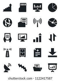 Set of vector isolated black icon - antenna vector, growth statistic, crisis graph, document, monitor, diagnosis, satellite, network, sd, data exchange, download, statistics, pie, folder