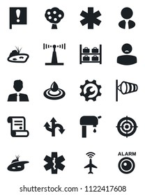 Set of vector isolated black icon - plane radar vector, wind, luggage storage, contract, ambulance star, patient, route, important flag, antenna, root setup, target, pond, water supply, fruit tree
