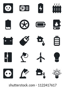 Set of vector isolated black icon - bulb vector, battery, low, rca, charge, desk lamp, heater, air conditioner, fridge, home control, socket, fan, water, windmill, idea