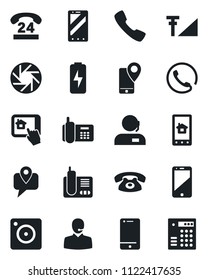 Set of vector isolated black icon - mobile phone vector, office, 24 hours, tracking, cell, radio, call, camera, cellular signal, charge, support, home control app, combination lock