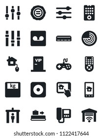Set of vector isolated black icon - baggage conveyor vector, security gate, radar, stamp, scales, gamepad, settings, remote control, rec button, tuning, record, air conditioner, vip zone, home, app