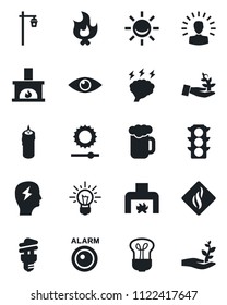 Set of vector isolated black icon - brainstorm vector, fire, garden light, eye, traffic, brightness, fireplace, beer, candle, smoke detector, bulb, energy saving, alarm led, palm sproute, idea