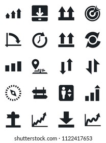 Set of vector isolated black icon - elevator vector, signpost, growth statistic, crisis graph, navigation, up side sign, sorting, data exchange, download, compass, update, target, arrow, clock