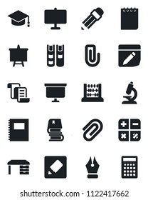 Set of vector isolated black icon - contract vector, calculator, graduate, abacus, desk, notepad, presentation board, microscope, notes, copybook, paper clip, ink pen, pencil, book