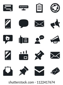 Set of vector isolated black icon - mobile phone vector, mail, office, loudspeaker, network, speaker, paper pin, message, clipboard, reserved, home, schedule