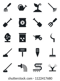 Set of vector isolated black icon - job vector, garden fork, shovel, rake, watering can, wheelbarrow, sproute, hoe, sickle, plant label, seeds, fertilizer, drip irrigation, fruit tree