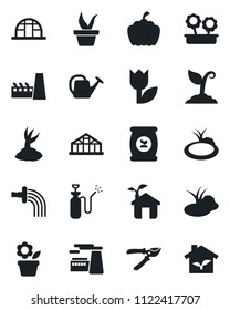 Set of vector isolated black icon - factory vector, flower in pot, seedling, watering can, sproute, pruner, pumpkin, greenhouse, pond, garden sprayer, fertilizer, tulip, eco house