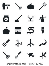 Set of vector isolated black icon - garden fork vector, farm, rake, wheelbarrow, well, hoe, sickle, plant label, pumpkin, sprayer, fertilizer, drip irrigation, windmill