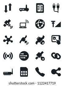Set of vector isolated black icon - wireless notebook vector, satellite, share, chain, rca, call, sim, network, data exchange, cellular signal, router, home control app, social media