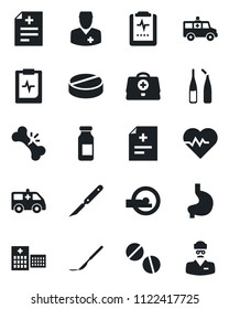 Set of vector isolated black icon - heart pulse vector, doctor case, diagnosis, pills, ampoule, scalpel, tomography, ambulance car, stomach, broken bone, clipboard, hospital