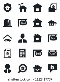 Set of vector isolated black icon - office building vector, house, contract, with garage, estate document, sale, rent, sold signboard, search, agent, smart home, insurance, eco, message