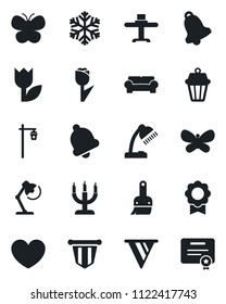 Set of vector isolated black icon - pennant vector, butterfly, garden light, heart, tulip, themes, bell, sertificate, desk lamp, cushioned furniture, restaurant table, candle, snowflake, outdoor
