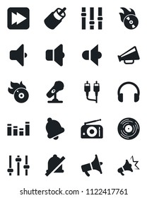 Set of vector isolated black icon - vinyl vector, flame disk, microphone, radio, speaker, loudspeaker, settings, equalizer, headphones, fast forward, rca, tuning, bell, mute, sound, advertising
