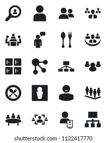 Set of vector isolated black icon - spoon and fork vector, male, checkroom, speaking man, team, meeting, patient, group, user, company, hr, consumer search, social media, hierarchy