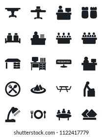 Set of vector isolated black icon - baby room vector, desk, meeting, manager place, picnic table, lamp, restaurant, serviette, cafe, reserved, salt and pepper