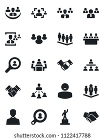 Set of vector isolated black icon - handshake vector, pedestal, team, patient, group, user, company, hr, meeting, hierarchy, client search, consumer