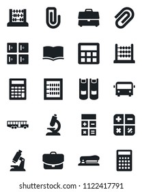 Set of vector isolated black icon - airport bus vector, checkroom, book, calculator, abacus, microscope, case, paper clip, stapler