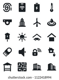 Set of vector isolated black icon - bird house vector, warehouse storage, office building, garage, alcove, home control, chip, wireless lock, web camera, water, thermometer, sound, windmill, battery