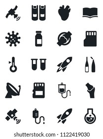 Set of vector isolated black icon - satellite antenna vector, book, blood test vial, dropper, ampoule, real heart, joint, virus, sd, thermometer, rocket, flask