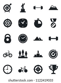 Set of vector isolated black icon - pedestal vector, medal, barbell, bike, heavy, clock, stopwatch, target, mountains, award cup