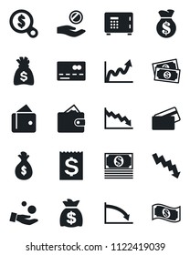 Set of vector isolated black icon - credit card vector, safe, money bag, crisis graph, cash, receipt, wallet, growth, search, investment