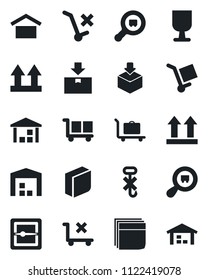 Set of vector isolated black icon - baggage trolley vector, fragile, cargo, warehouse storage, up side sign, no, hook, package, search, scanner, blank box