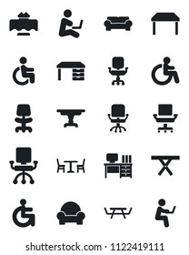Set of vector isolated black icon - cafe vector, disabled, office chair, desk, picnic table, cushioned furniture, restaurant, man with notebook