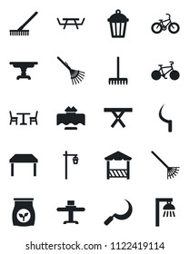 Set of vector isolated black icon - cafe vector, rake, sickle, garden light, picnic table, fertilizer, bike, restaurant, alcove, outdoor lamp
