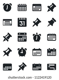 Set of vector isolated black icon - alarm clock vector, drawing pin, calendar, term, paper, schedule
