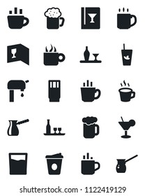 Set of vector isolated black icon - hot cup vector, coffee, water supply, alcohol, wine card, drink, cocktail, phyto bar, beer, turkish