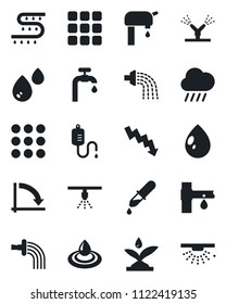 Set of vector isolated black icon - crisis graph vector, watering, water drop, rain, drip irrigation, dropper, menu, supply, sprinkler