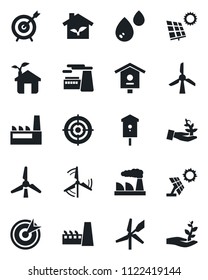 Set of vector isolated black icon - factory vector, bird house, target, sun panel, windmill, eco, water, palm sproute