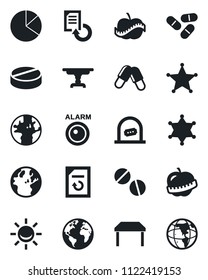 Set of vector isolated black icon - ticket office vector, document reload, pills, diet, earth, pie graph, table, police, alarm led