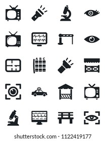 Set of vector isolated black icon - barrier vector, tv, alarm car, seat map, bench, monitor pulse, microscope, eye, torch, plan, alcove, scan