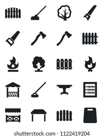 Set of vector isolated black icon - fence vector, tree, saw, fire, hoe, axe, abacus, table, alcove, cutting board