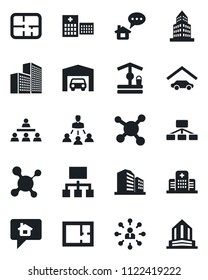 Set of vector isolated black icon - hierarchy vector, well, molecule, hospital, office building, garage, plan, home message