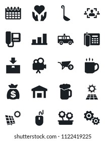Set of vector isolated black icon - mouse vector, money bag, calendar, wheelbarrow, ambulance car, heart hand, warehouse, package, video camera, coffee, bar graph, hr, office phone, sun panel, beer