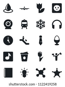 Set of vector isolated black icon - dispatcher vector, train, escalator, plane, tie, coffee, water drop, molecule, tulip, headphones, clock, music, copybook, egg stand, socket, web camera, snowflake