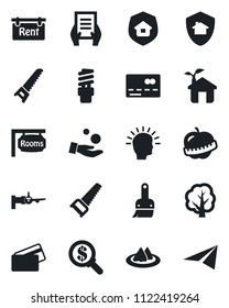 Set of vector isolated black icon - credit card vector, boarding, document, tree, saw, diet, themes, rent, rooms, estate insurance, serviette, eco house, energy saving bulb, home protect, investment