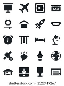 Set of vector isolated black icon - bed vector, brainstorm, earth, plane, satellite, fragile, warehouse storage, alarm, scanner, download, brightness, presentation board, ink pen, desk lamp, hot dog