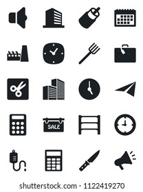 Set of vector isolated black icon - suitcase vector, office building, farm fork, dropper, clock, rack, rca, cut, calendar, calculator, sale, factory, knife, sound, paper plane, advertising