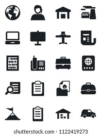 Set of vector isolated black icon - passport vector, document search, abacus, factory, earth, support, warehouse, news, laptop pc, radio phone, clipboard, case, presentation board, estate, car