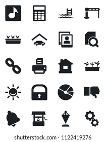 Set Of Vector Isolated Black Icon - Barrier Vector, Pennant, Printer, House, Seedling, Well, Chain, Finger Down, Bell, Lock, Music, Photo Gallery, Pie Graph, Document Search, Calculator, Pool, Gear