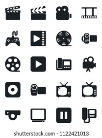 Set of vector isolated black icon - clapboard vector, film frame, reel, tv, gamepad, video camera, play button, pause, rec, web, intercome