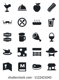 Set of vector isolated black icon - dish vector, cafe, wine card, menu, cocktail, phyto bar, beer, bacon, egg stand, bread, table, dress code, open close, alcove, chicken, steak, ham, apple fruit