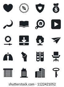 Set of vector isolated black icon - book vector, tree, sickle, heart, shield, lungs, joint, play button, download, brightness, compass, office building, chair, estate search, city house, jalousie