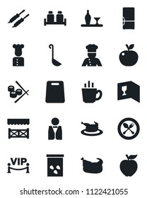Set of vector isolated black icon - spoon and fork vector, seeds, fridge, waiter, cook, alcohol, wine card, coffee, salt pepper, vip zone, alcove, chicken, kebab, ladle, cutting board, sushi