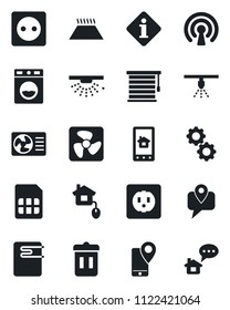 Set of vector isolated black icon - mobile tracking vector, sim, home control, socket, fan, water heater, wireless, air conditioner, app, gear, washer, warm floor, jalousie, trash bin, information