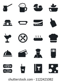 Set of vector isolated black icon - cook vector, dish, cafe, hat, wine card, drink, cocktail, phyto bar, beer, salad, bread, building, open close, credit, hot dog, cutting board, turkish coffee